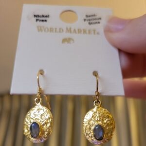 World Market Hammered Gold Tone & Labradorite Stones Drop Earrings Boho Festival